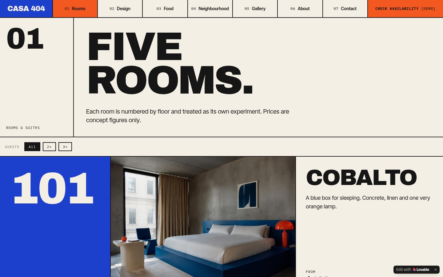 CASA 404 — Rooms & Suites — concept accommodation — desktop website screenshot