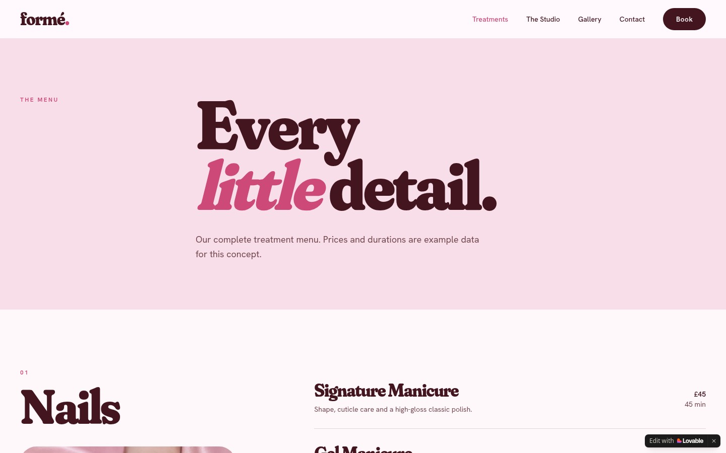 FORMÉ — All Treatments — example menu — desktop website screenshot